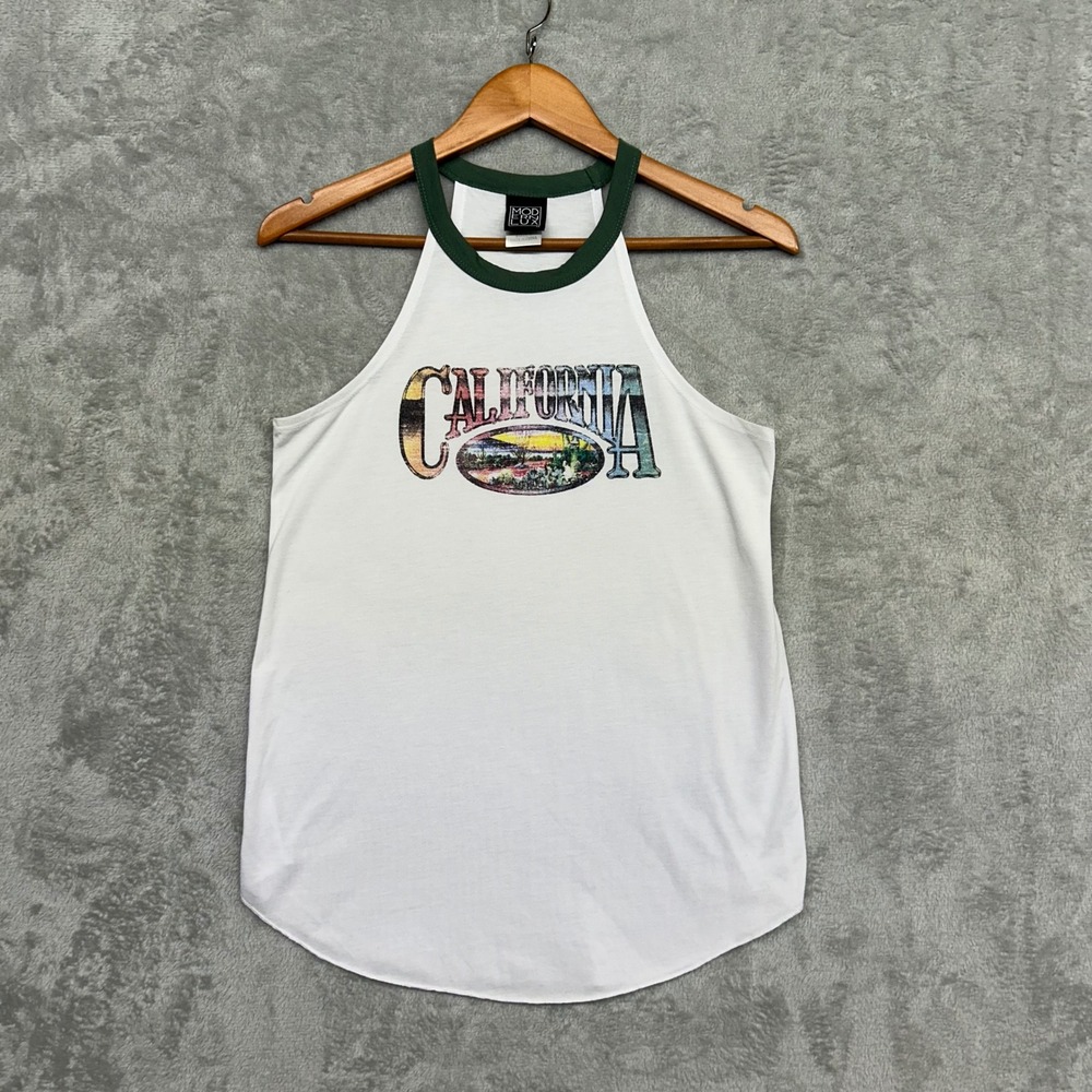 Modern Lux California Graphic Racerback Tank Top Womens Large White w Green Trim